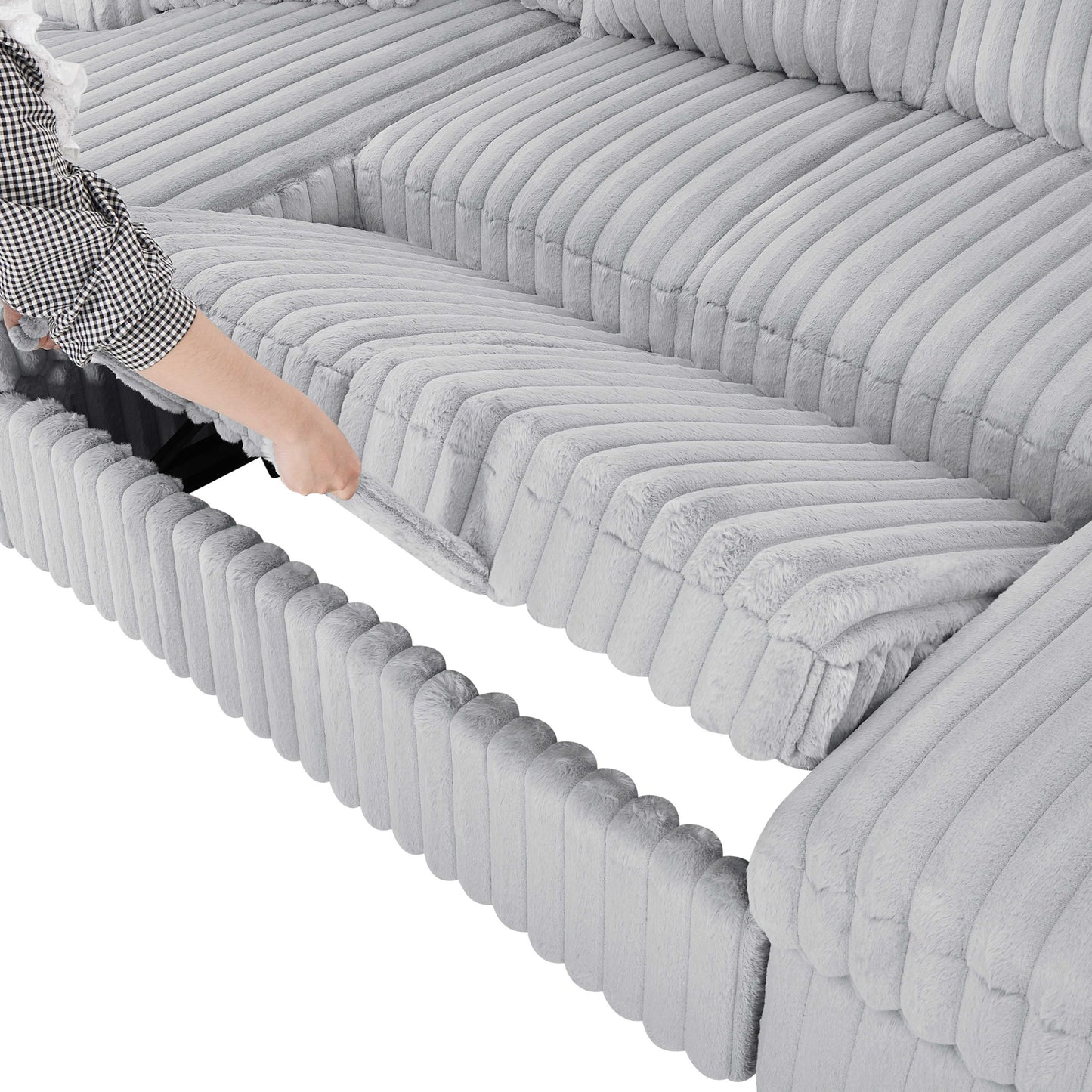 U Shaped convertible Sectional Sofa corduroy fabric couch with pull out bed