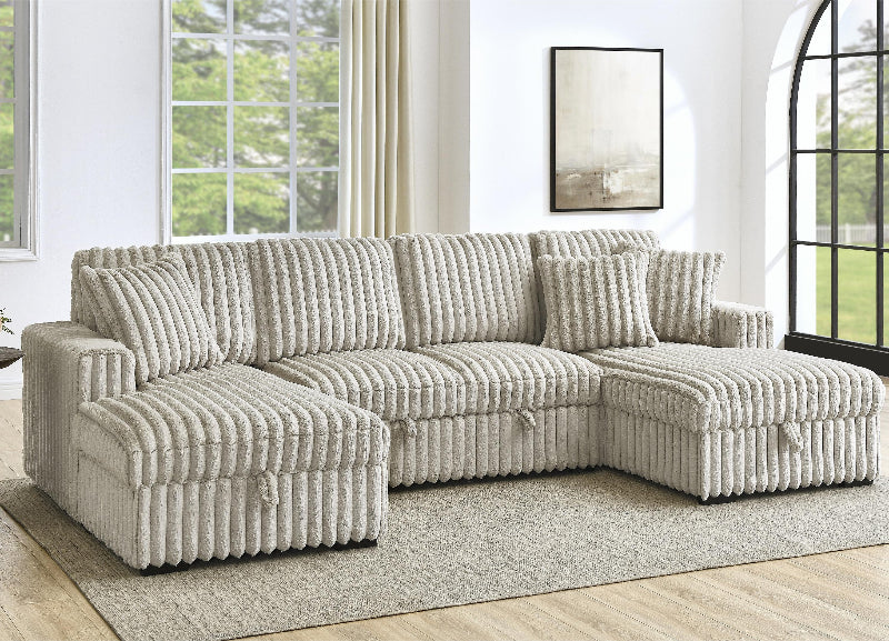 U Shaped convertible Sectional Sofa corduroy fabric couch with pull out bed