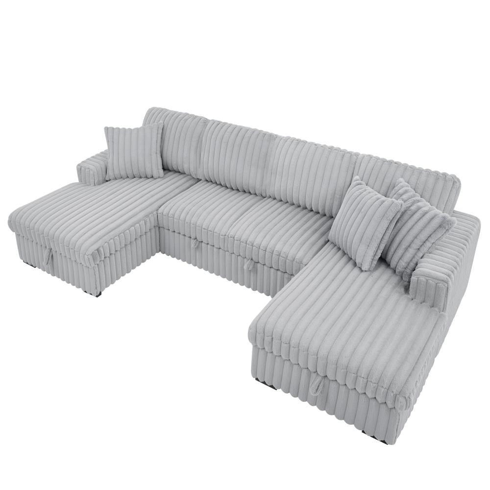 U Shaped convertible Sectional Sofa corduroy fabric couch with pull out bed