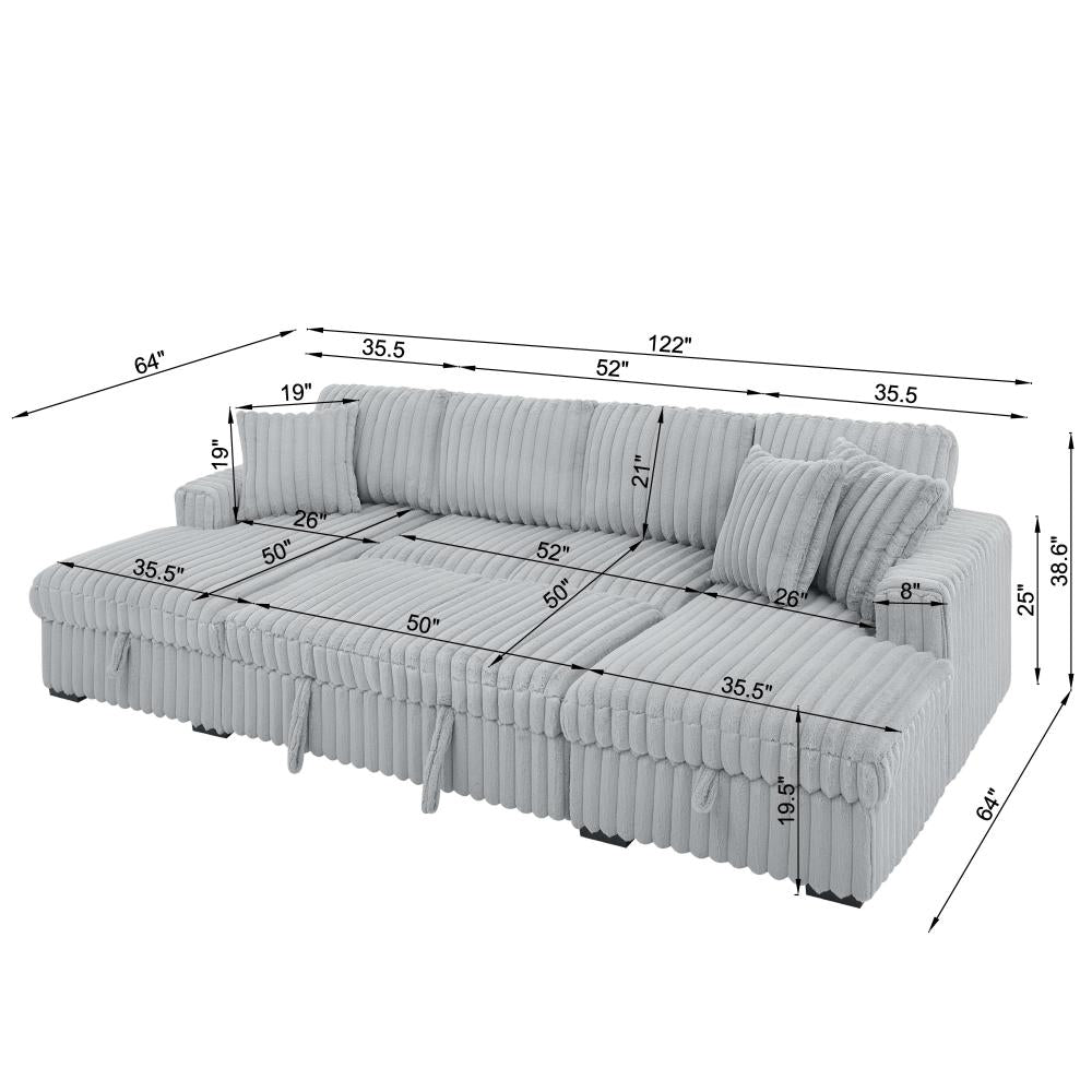 U Shaped convertible Sectional Sofa corduroy fabric couch with pull out bed