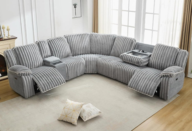 Modern comfy Power Reclining Sectional Sofa Corduroy fabric Couch Gray