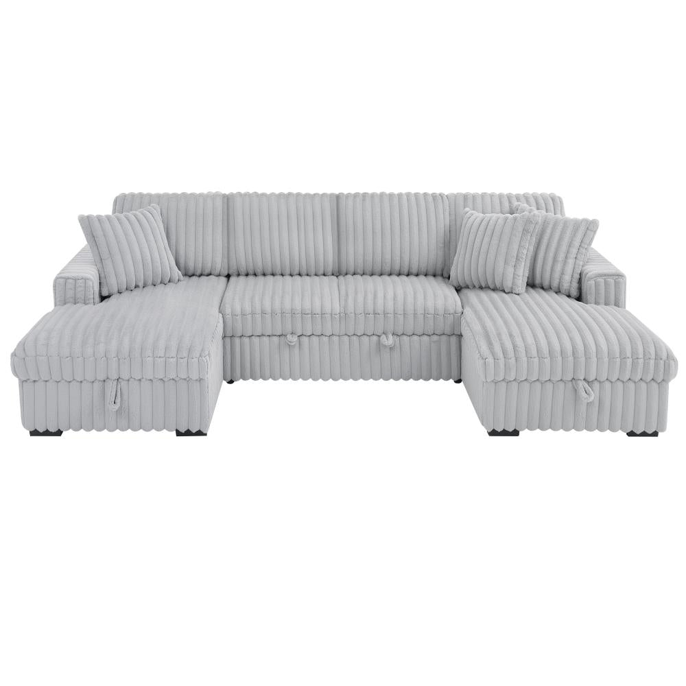 U Shaped convertible Sectional Sofa corduroy fabric couch with pull out bed
