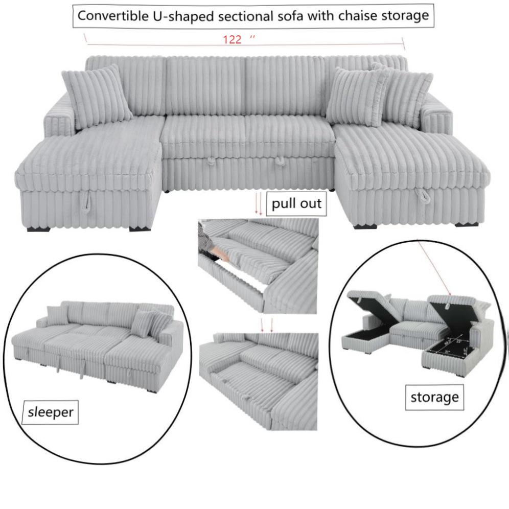 U Shaped convertible Sectional Sofa corduroy fabric couch with pull out bed