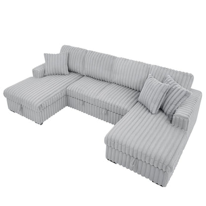 U Shaped convertible Sectional Sofa corduroy fabric couch with pull out bed