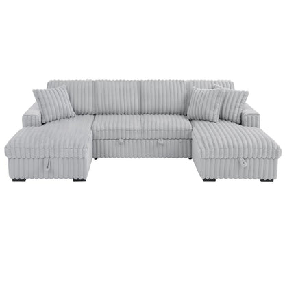 U Shaped convertible Sectional Sofa corduroy fabric couch with pull out bed