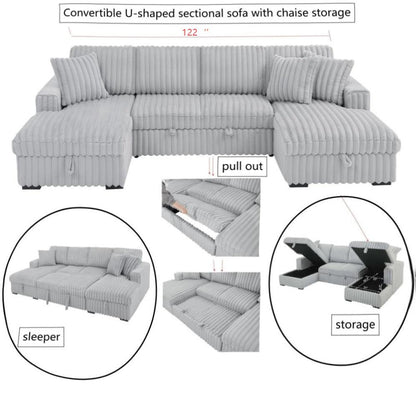 U Shaped convertible Sectional Sofa corduroy fabric couch with pull out bed