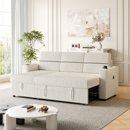 Comfy L shape corduroy sectional Sofa sleeper with pull bed couch storage