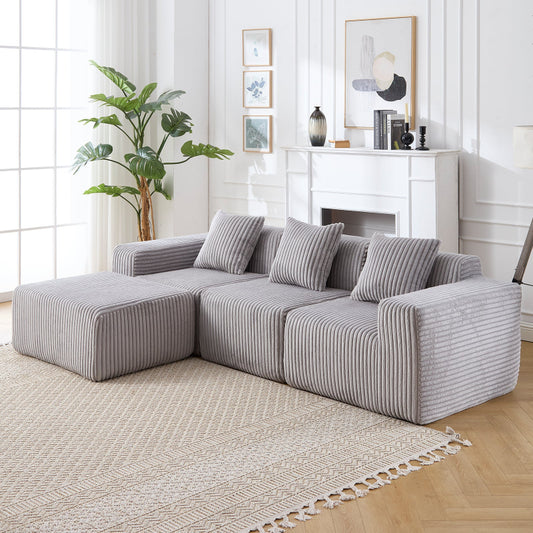 Modern Minimalist Modular Sectional Sofa L-Shape Upholstery Corduroy Deep Couch Light Gray